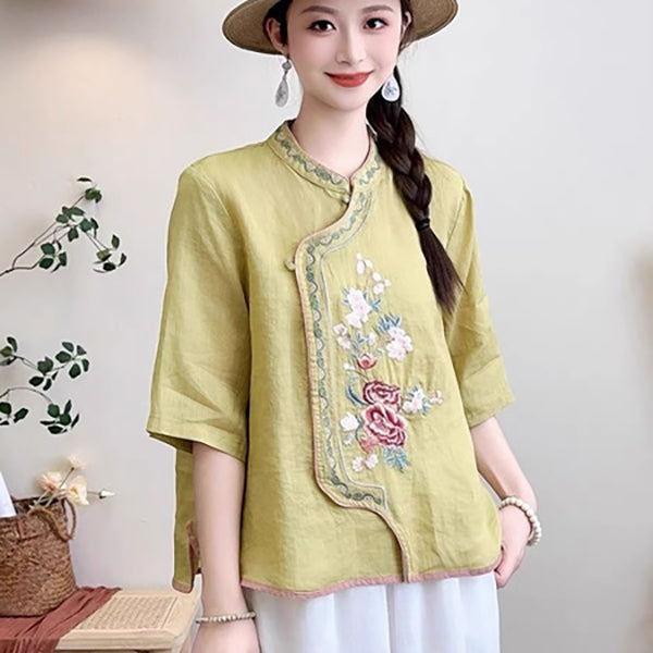 Artistic Retro Ethnic Embroidered Cotton Top (Tea Shirt Style) Stand Collar | Button Design | Elegant Summer Style | CDR260406A042
