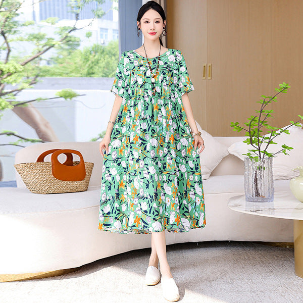 Plus Size Summer Cotton Silk dress Short-sleeved Loose Meat Covering Skirt plus size Printed Long Skirt | With Pocket | CLS250616827