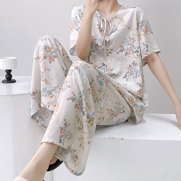 Spring &amp; Summer French Cotton Short-Sleeved Pajamas Women’s Printed Cotton-Silk Homewear Thin Suit | CLS251025825