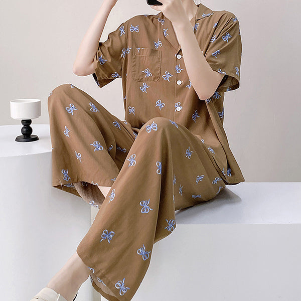Spring &amp; Autumn Sweet Cotton Silk Pajama Set With Pant (Two-Piece) Printed Trouser Suit | Home + Outer Wearing | Soft &amp; Elegant Daily Comfort | CLS260216983