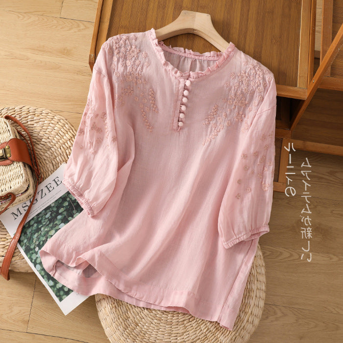 Ramie Cotton Embroidered Top (Summer Edition) Short Sleeve | Heavy Embroidery | Thin &amp; Elegant Daily Wear | CDR2603311025