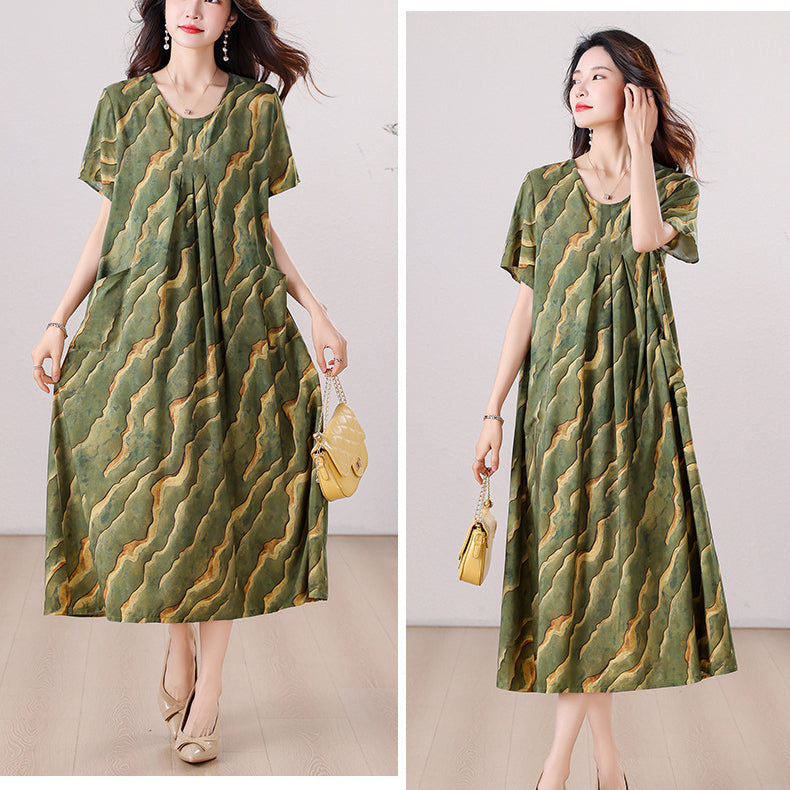 Summer Cotton Silk Flared Dress (Loose Slimming Fit) Lightweight Breathable | Elegant Flow | Daily Out And Home Wear | CLS2620407A045