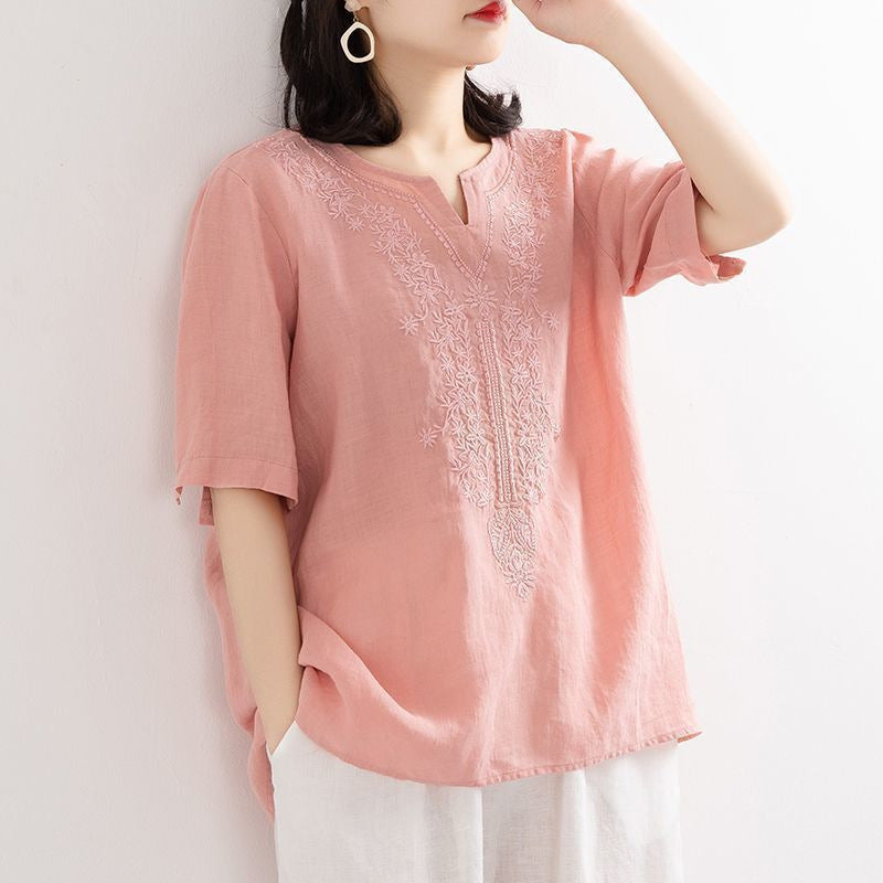 Embroidered Cotton Artistic V-Neck Top (Summer Edition) Loose Casual Fit | Short Sleeve | Trendy Everyday Wear | CDR260425A084