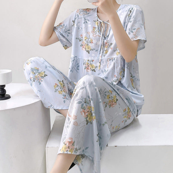 Spring &amp; Summer French Cotton Short-Sleeved Pajamas Women’s Printed Cotton-Silk Homewear Thin Suit | CLS251025825