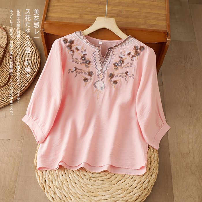 Summer Cotton Heavy Embroidery V-Neck Top (Slimming Look) Loose Mid Sleeve | Elegant Casual Style | Breathable Daily Comfort | CDR260414A062