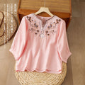 Summer Cotton Heavy Embroidery V-Neck Top (Slimming Look) Loose Mid Sleeve | Elegant Casual Style | Breathable Daily Comfort | CDR260414A062