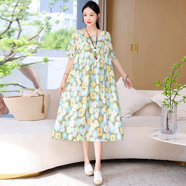 Plus Size Summer Cotton Silk dress Short-sleeved Loose Meat Covering Skirt plus size Printed Long Skirt | With Pocket | CLS250616827