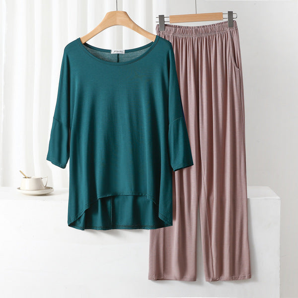 Summer Fit Cotton Large Size Loose Suit | Front Short Back Long T-Shirt | 7-Point Sleeve | Stretched Waist Straight Pants with Pocket | CLS250918806