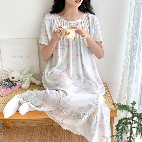 Women’s Full Cotton Silk Floral Long Dress (Short Sleeve) Round Neck | Home + Outer Wear | Soft Flowing Fit | Daily Elegant Comfort | CLS260216984