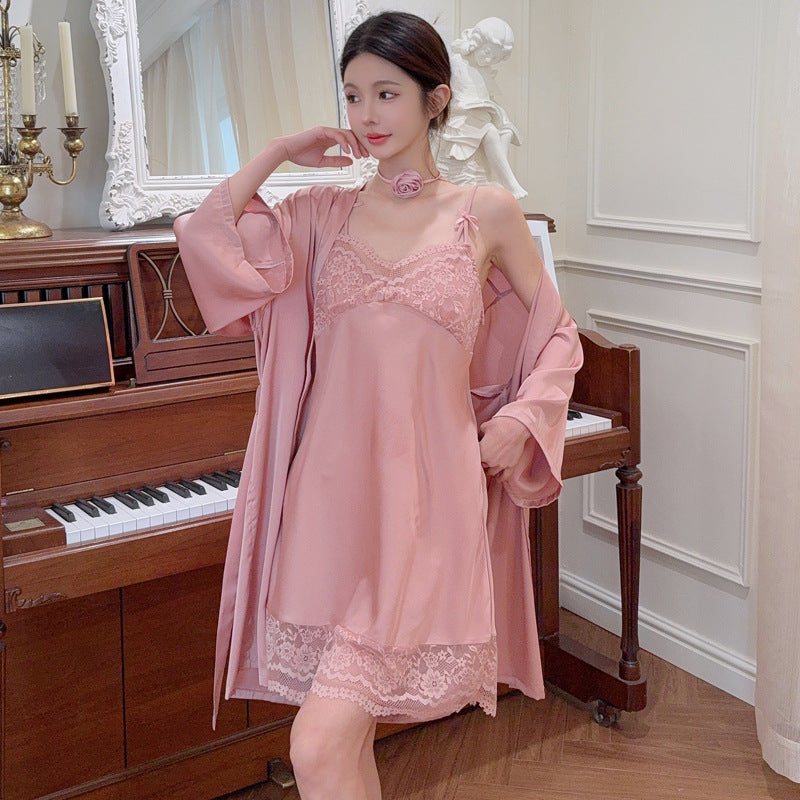 Ice Silk V-Neck Lace Sling Nightgown (Sweet Homewear) Summer Thin | Soft &amp; Breathable | Elegant Lace | Night + Home Comfort | ISNG260219991