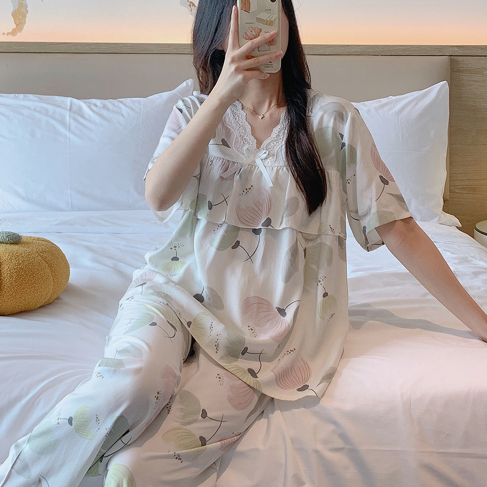 Short-Sleeved Pants Cotton Silk Pajamas Women's Summer Thin Suit Japanese Style Sweet Anti-Bump Pointing Outer-Wearing Cotton Silk Home Clothes | CLS250709758