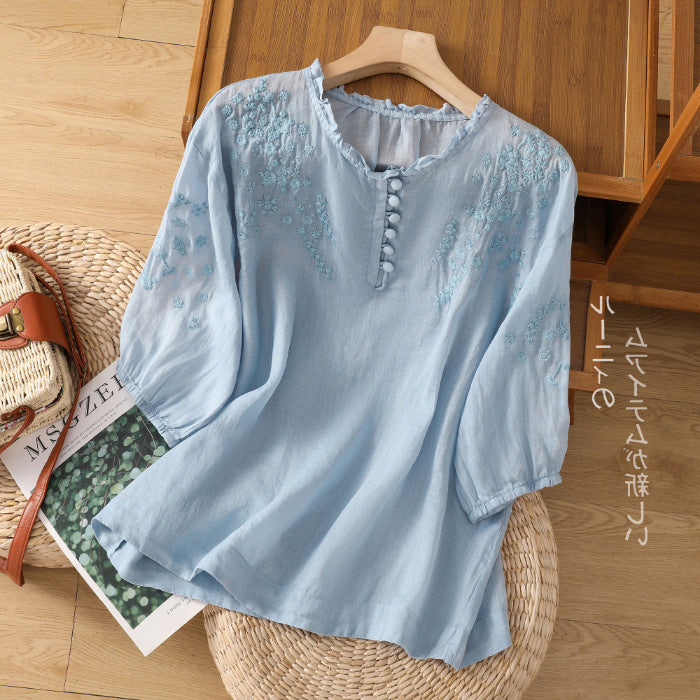 Ramie Cotton Embroidered Top (Summer Edition) Short Sleeve | Heavy Embroidery | Thin &amp; Elegant Daily Wear | CDR2603311025