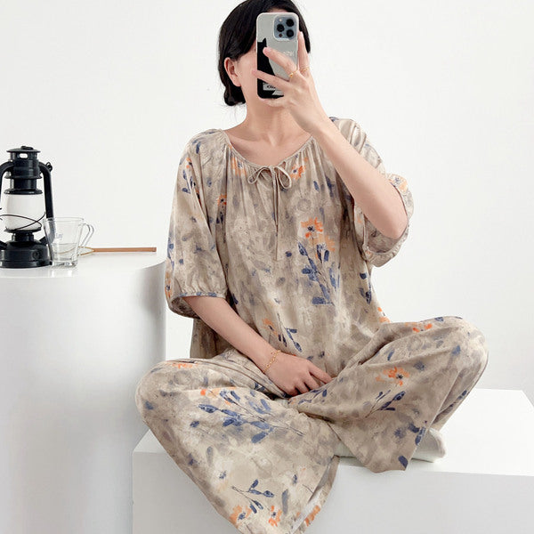 Cotton Silk Sweet Pajama Set (Two-Piece) Loose Short Sleeve | Home + Outer Wear | Soft &amp; Breathable Comfort | CLS260413A060