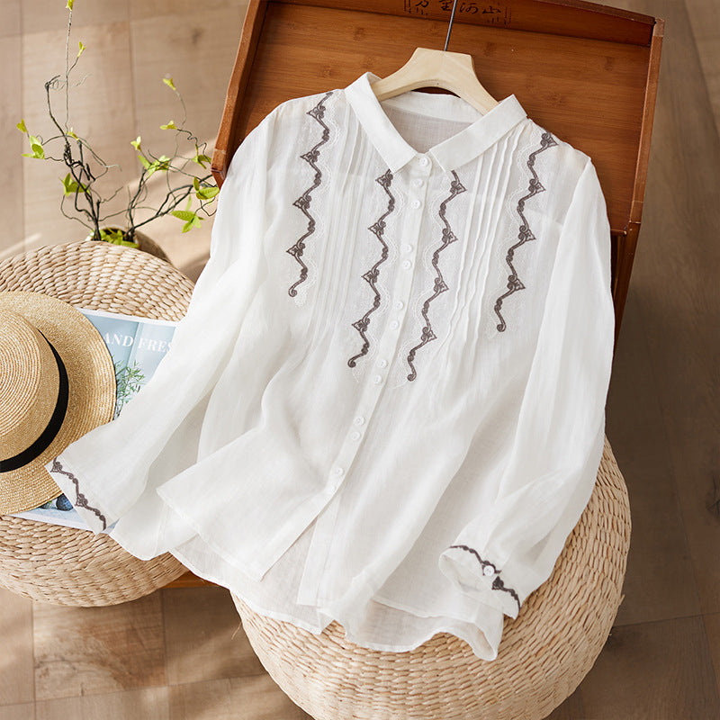 Embroidered Ramie Cotton-Linen Loose Shirt (Literary Retro Style) New Style | Casual Elegant | Breathable Natural Fabric | Everyday Comfort | CDR260211972