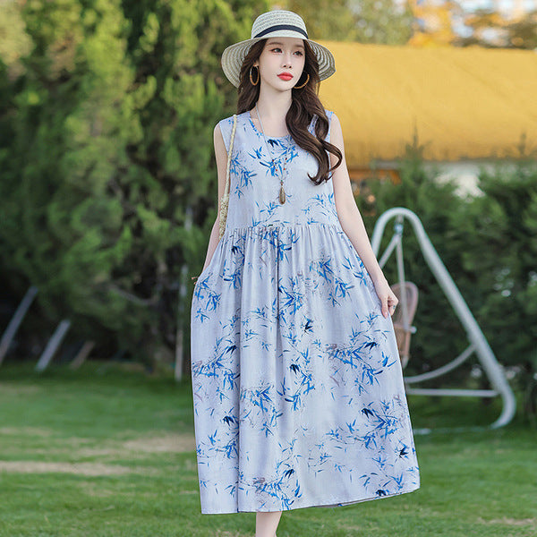 Elegant Cotton Fabric Vacation Dress Summer Women's Loose Over-the-Knee Beach Holiday Sleeveless Long Skirt With Pocket | CLS250727774