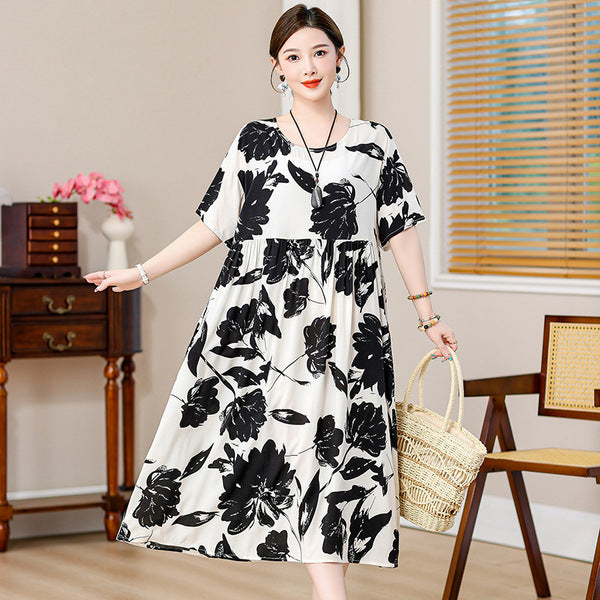 Outer Wear Skirt Draping Flesh Covering Skirt plus size Women's Cotton Silk dress with pocket | XL 3XL 5XL | China Imported | CLS250611607