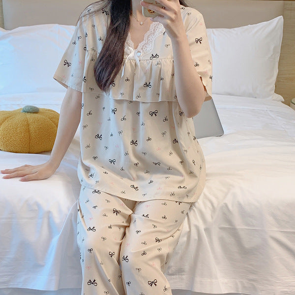 Short-Sleeved Pants Cotton Silk Pajamas Women's Summer Thin Suit Japanese Style Sweet Anti-Bump Pointing Outer-Wearing Cotton Silk Home Clothes | CLS250709758