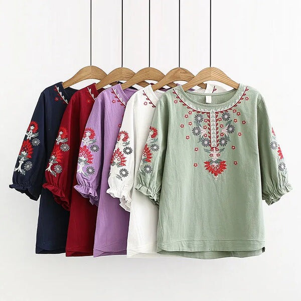 Artistic Embroidered Cotton Top (Vintage Edition) Half Sleeve | Large Size Loose Fit | Slim Look Summer Style | CDR260423A081
