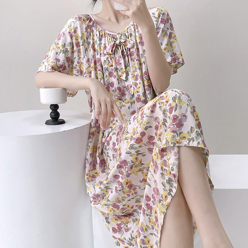 Cotton Silk Nightdress New Floral Sweet Home Clothes Summer Women's Pajamas Short-sleeved Dress Summer Thin Dress | China Imported | CLS250812784