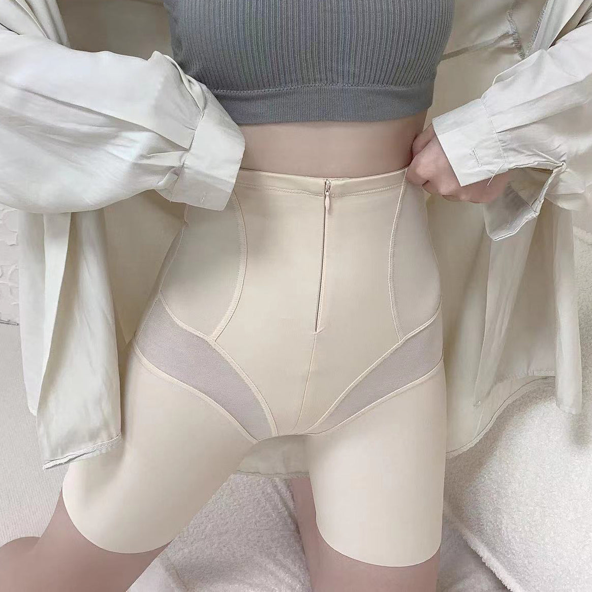 High Waist Zipper Button Shapewear Shorts (Ice Silk Fabric) Waist-Cinching | Tummy Control | Hip-Lifting Plus Size Comfort | ISHR260409A050