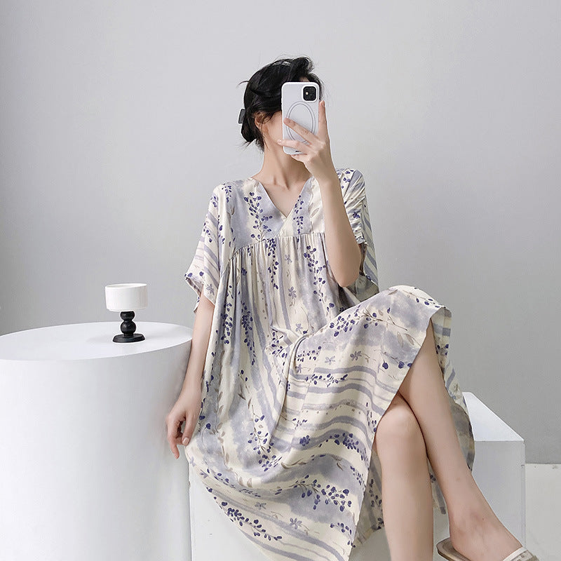 Cotton Silk Nightdress New Floral Sweet Home Clothes Summer Women's Pajamas Short-sleeved Dress Summer Thin Dress | China Imported | CLS251117861