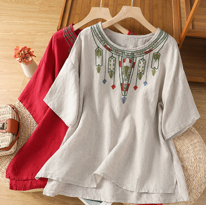 Retro Literary Cotton Embroidered Top (Plus Size Edition) Round Neck | Loose Fit | Summer Elegant Daily Wear | CDR260415A065
