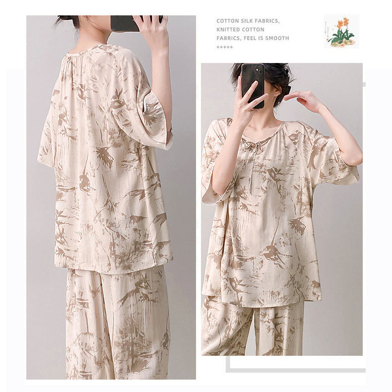 Cotton Silk Ethnic Pajama Set (Plus Size Edition) Short Sleeve | Loose Thin Fit | Home + Outer Wear Comfort | CLS260501A098