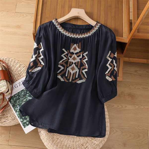Heavy Embroidery Cotton Top (Women – Summer Edition) Three-Quarter Sleeve | Loose Slim Fit | Round Neck Elegant Wear | CDR2603101003