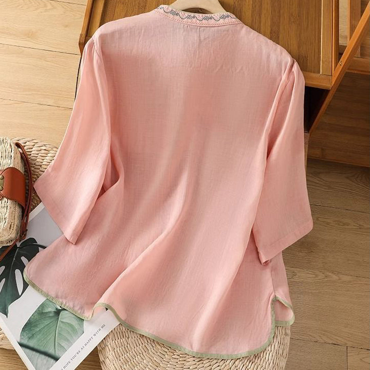 Artistic Retro Ethnic Embroidered Cotton Top (Tea Shirt Style) Stand Collar | Button Design | Elegant Summer Style | CDR260406A042