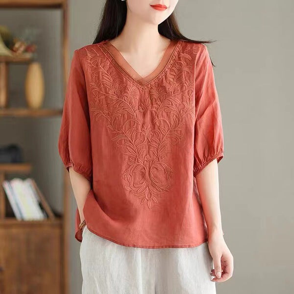 Embroidered Flower Vine Cotton Ethnic Top (Summer Edition)Three-Quarter Sleeve | Light &amp; Breathable | Elegant Ethnic Style | &nbsp;CDR2603161012