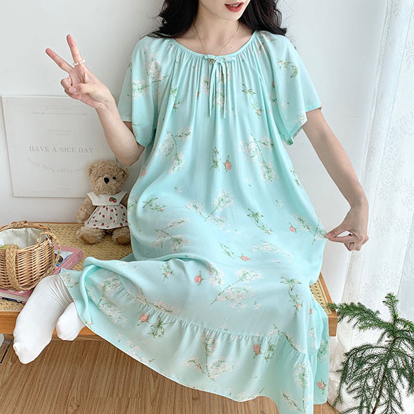 Women’s Full Cotton Silk Floral Long Dress (Short Sleeve) Round Neck | Home + Outer Wear | Soft Flowing Fit | Daily Elegant Comfort | CLS260216984