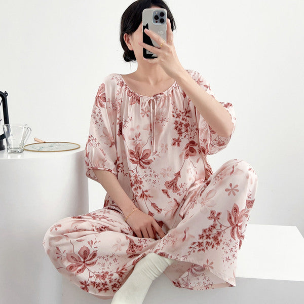 Cotton Silk Sweet Pajama Set (Two-Piece) Loose Short Sleeve | Home + Outer Wear | Soft &amp; Breathable Comfort | CLS260413A060