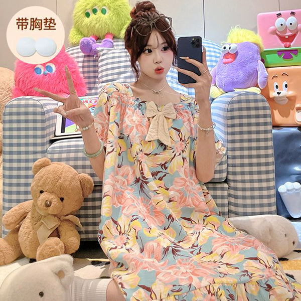 Sweet Cotton Fixed-Breast Dress (Summer Edition)Short Sleeve Printed Style | Home + Outside Wear | Soft Daily Comfort | CSL2603131008