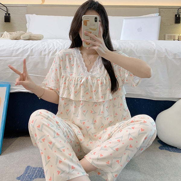 Short-Sleeved Pants Cotton Silk Pajamas Women's Summer Thin Suit Japanese Style Sweet Anti-Bump Pointing Outer-Wearing Cotton Silk Home Clothes | CLS250709758