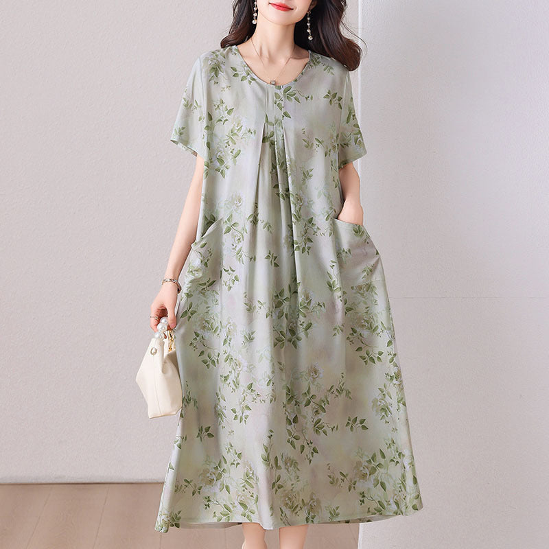 Summer Cotton Silk Flared Dress (Loose Slimming Fit) Lightweight &amp; Breathable | Elegant Flow | Daily Out And Home Wear | CLS2620407A045