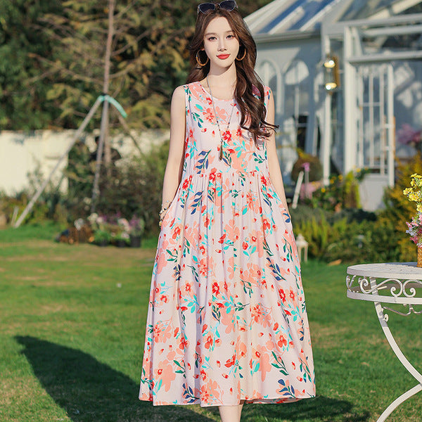 Elegant Cotton Fabric Vacation Dress Summer Women's Loose Over-the-Knee Beach Holiday Sleeveless Long Skirt With Pocket | CLS250727774