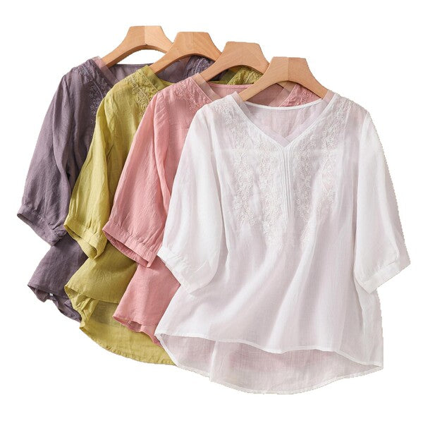 Cotton Embroidered Plus-Size Top (Belly-Cover Edition) Short Sleeve | Artistic Casual Style | Loose Comfortable Fit | CDR260506A106