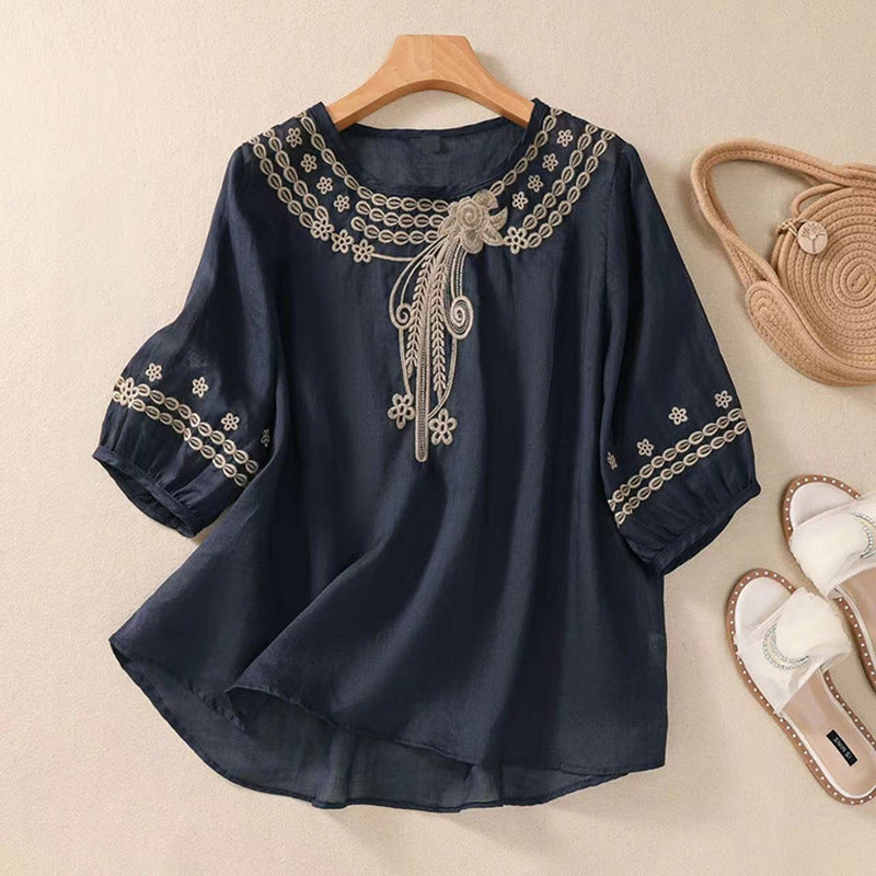 Literary Retro Cotton Embroidered Top (Chinese Style) Half Sleeve | Large Size Loose Fit | Elegant Spring &amp; Summer Wear | CDR260404A037