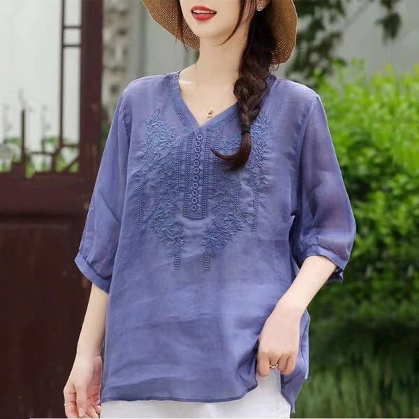 Literary Retro V-Neck Embroidered Cotton Top (Summer Edition) Short Sleeve | Loose Slimming Fit | Elegant Everyday Wear | CDR260415A066