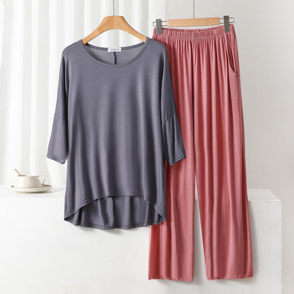 Summer Fit Cotton Large Size Loose Suit | Front Short Back Long T-Shirt | 7-Point Sleeve | Stretched Waist Straight Pants with Pocket | CLS250918806