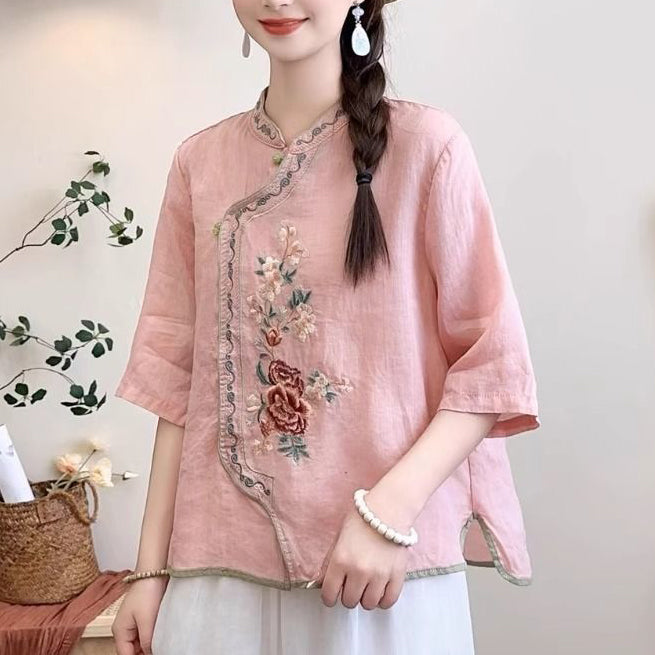 Artistic Retro Ethnic Embroidered Cotton Top (Tea Shirt Style) Stand Collar | Button Design | Elegant Summer Style | CDR260406A042