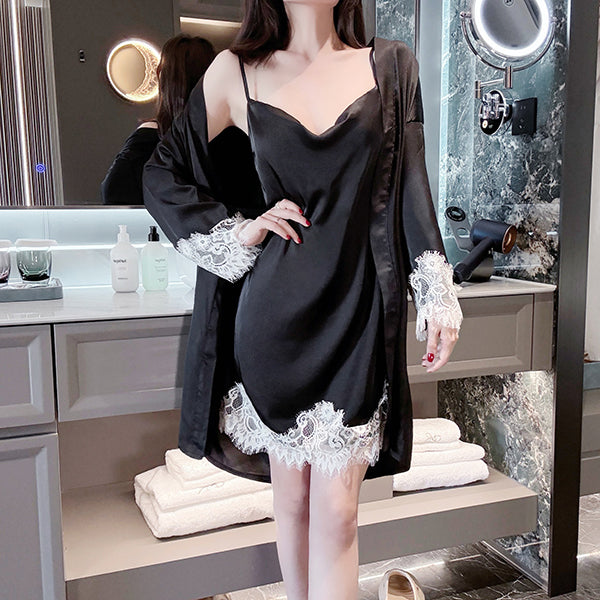 Summer Ice Silk Suspender Collar Nightgown (Two-Piece Set)Spring–Autumn Wear | Cool &amp; Breathable | Home + Sleep Comfort | ISNG260219989