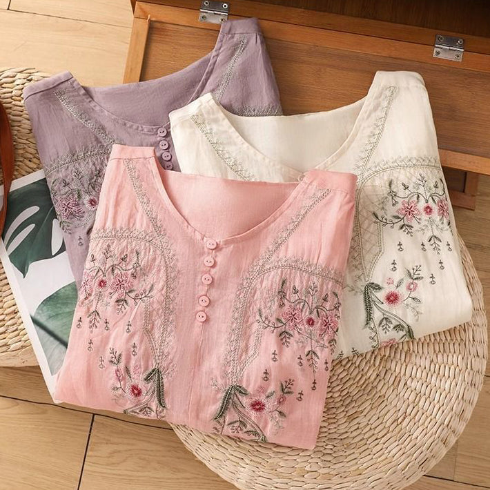 Summer Cotton Embroidered Pullover Top (Chinese Style) Short Sleeve | Loose Slimming Fit | Versatile Daily Wear | CDR260407A044
