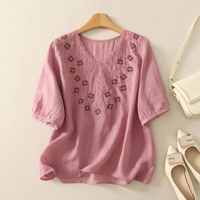 Heavy Embroidery V-Neck Slimming Top (Summer Edition) Short Sleeve | Loose Fit | Versatile Elegant Daily Wear | CDR260404A038