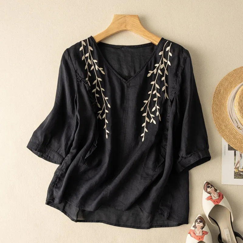 Summer Embroidered Cotton Retro Top (Chinese Style) Loose Elegant Fit | Three-Quarter Sleeve | Artistic Casual Wear | CDR2603261019