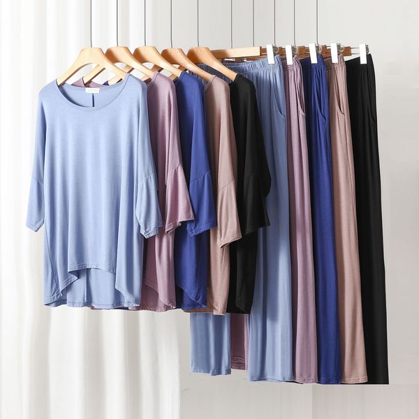 Summer Fit Cotton Large Size Loose Suit | Front Short Back Long T-Shirt | 7-Point Sleeve | Stretched Waist Straight Pants with Pocket | CLS250918806