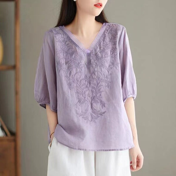 Embroidered Flower Vine Cotton Ethnic Top (Summer Edition)Three-Quarter Sleeve | Light &amp; Breathable | Elegant Ethnic Style | &nbsp;CDR2603161012