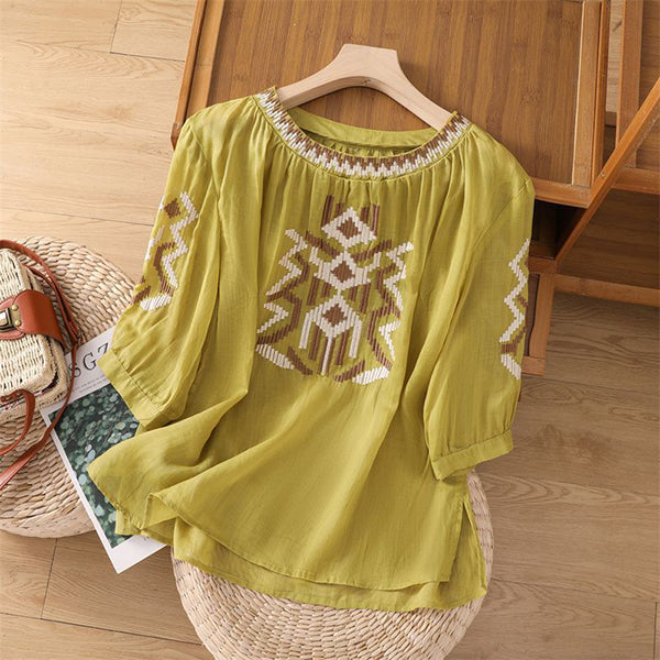 Heavy Embroidery Cotton Top (Women – Summer Edition) Three-Quarter Sleeve | Loose Slim Fit | Round Neck Elegant Wear | CDR2603101003