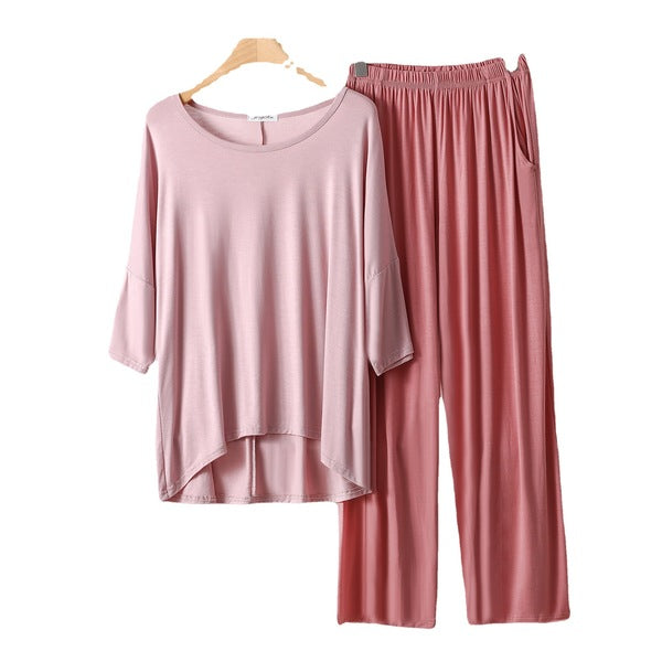 Summer Fit Cotton Large Size Loose Suit | Front Short Back Long T-Shirt | 7-Point Sleeve | Stretched Waist Straight Pants with Pocket | CLS250918806