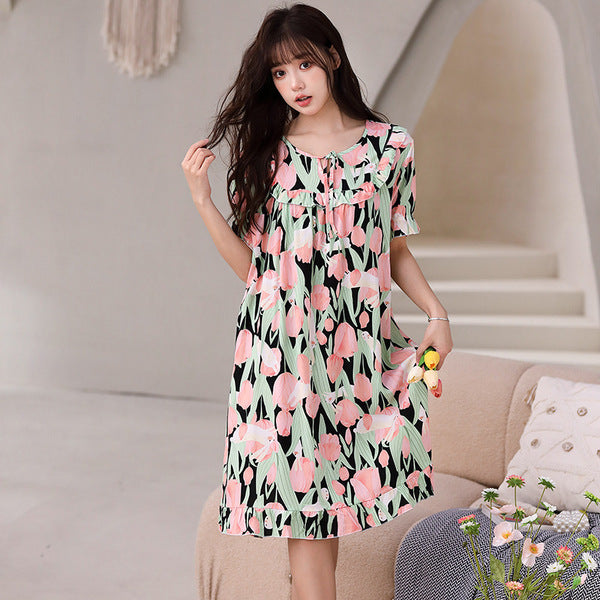ISB Princess Style Cotton Silk Nightgown Women's Summer Thin Short-sleeved Cotton Silk Nightgown High-end Style Outer Wearing Home Dress Plus Size, China Imported| CLS25070205011